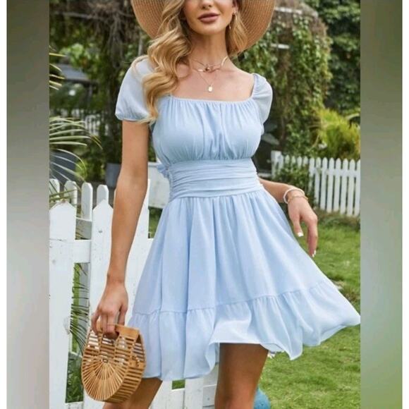 Exlura Dresses & Skirts - Tie Back Square Neck Short Puff Sleeve Summer Dress A-Line Size Small